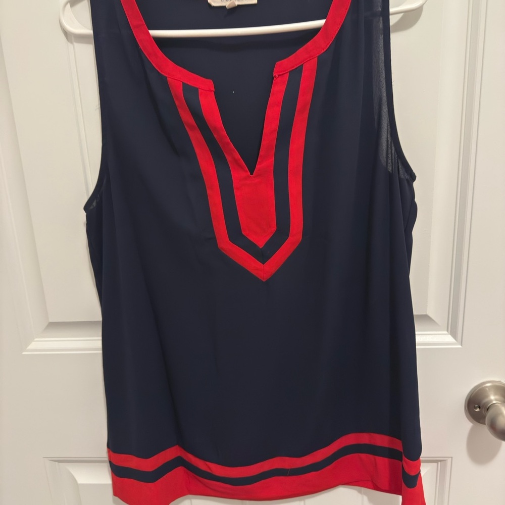 41 Hawthorn Womens Navy Blue Red Trim Sleeveless Split Neck Blouse‎ Large